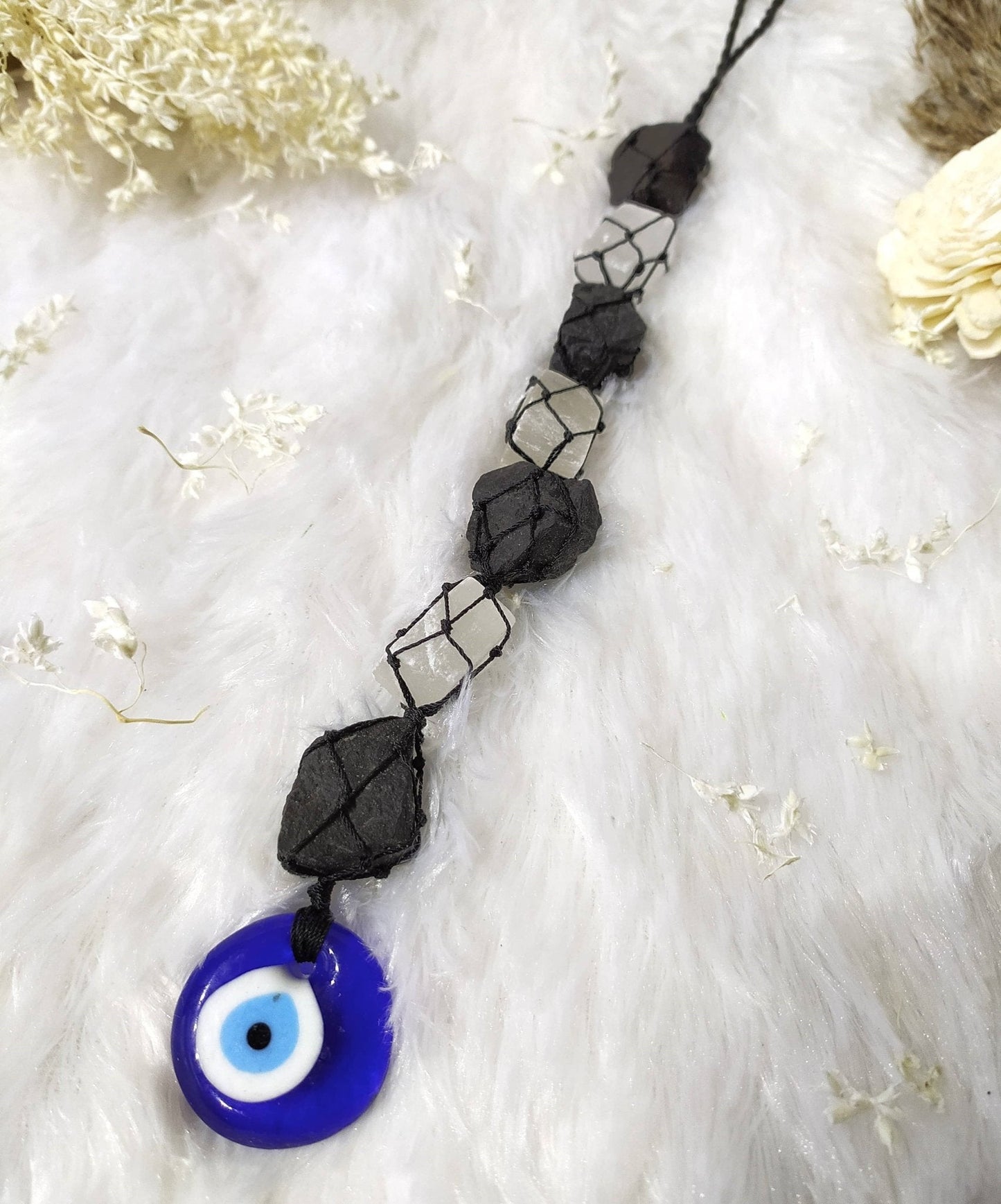 Black Tourmaline & Selenite Hanging Crystal Charm – Evil Eye Protection - Liss & Lex