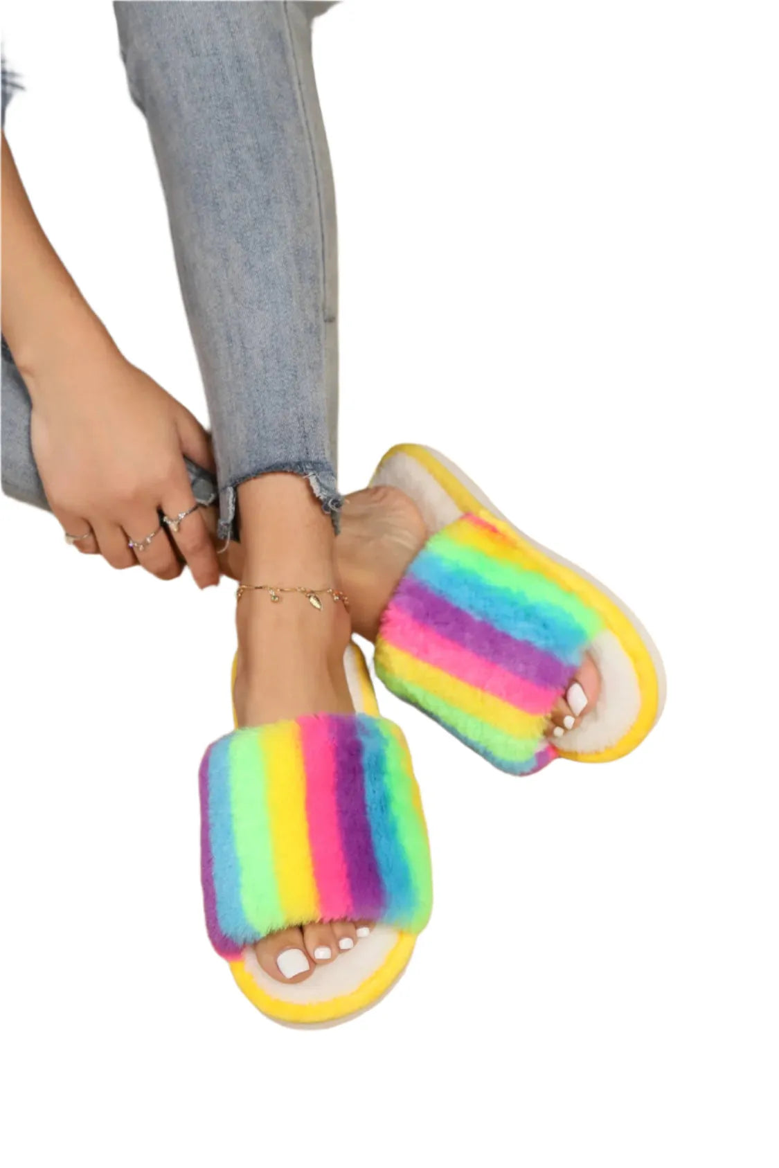 Rainbow Faux Fur Slides - Liss & Lex