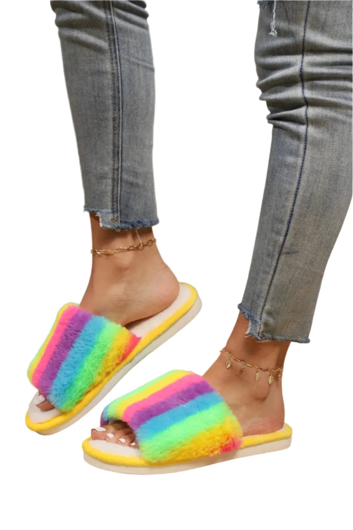 Rainbow Faux Fur Slides - Liss & Lex