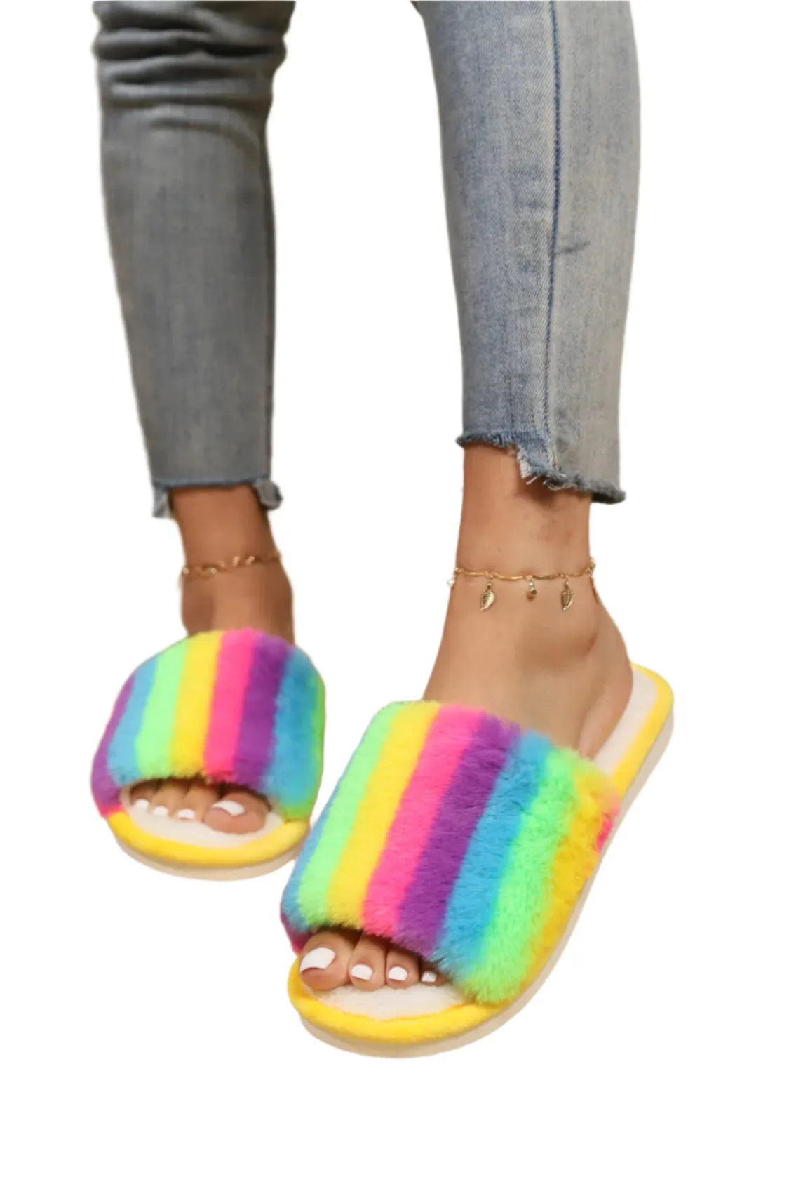 Rainbow Faux Fur Slides - Liss & Lex
