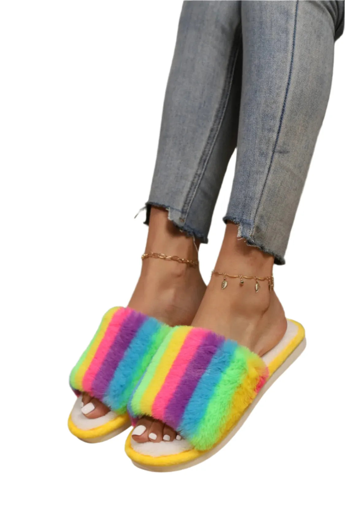 Rainbow Faux Fur Slides - Liss & Lex
