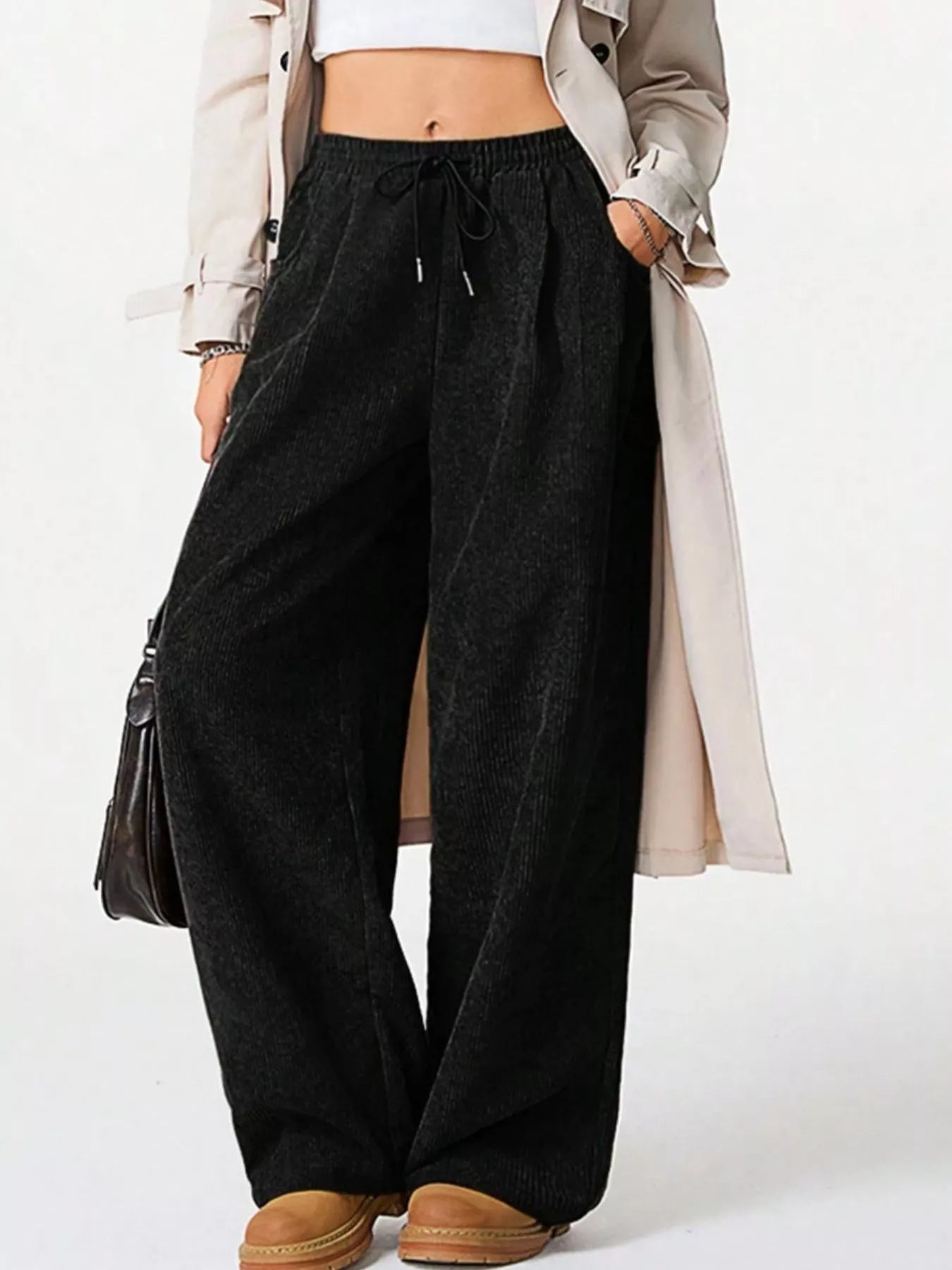 Wide Leg Corduroy Drawstring Pants - Liss & Lex