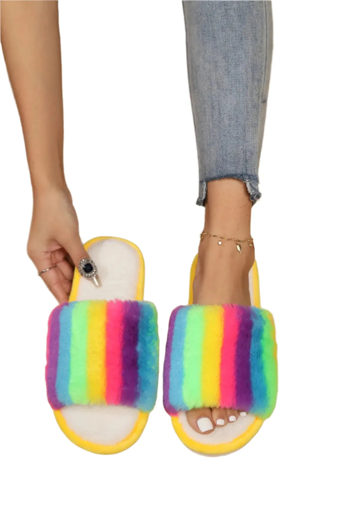 Rainbow Faux Fur Slides - Liss & Lex