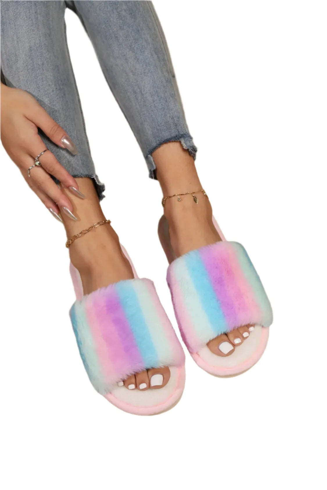Rainbow Faux Fur Slides - Liss & Lex