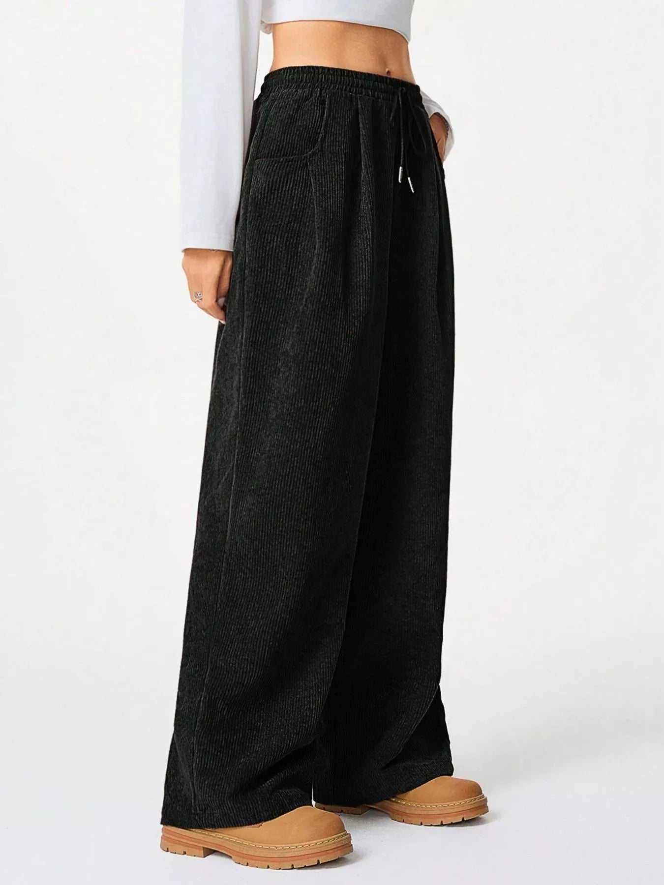 Wide Leg Corduroy Drawstring Pants - Liss & Lex