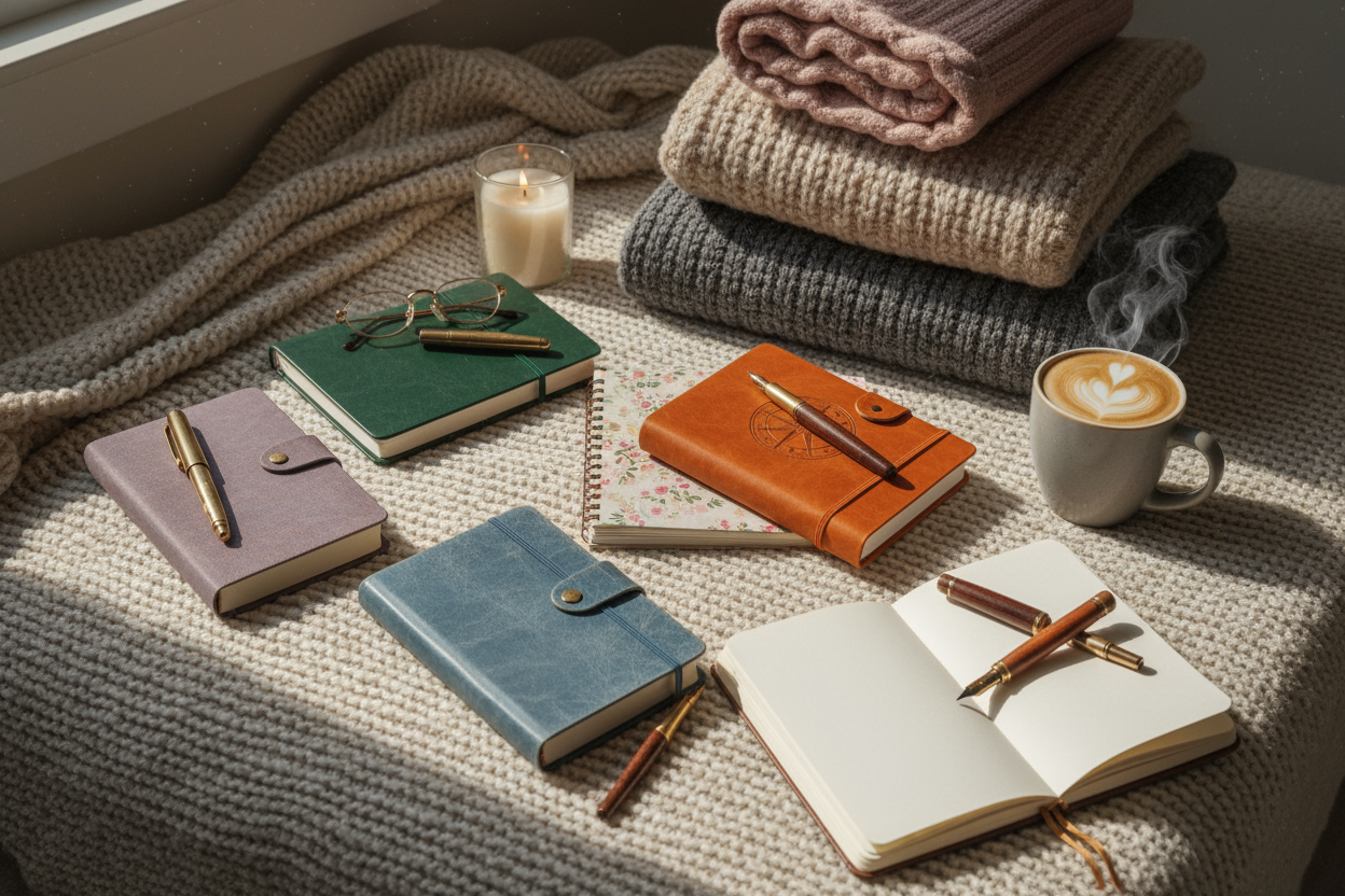 Assorted journals with pens in a comfy setting 