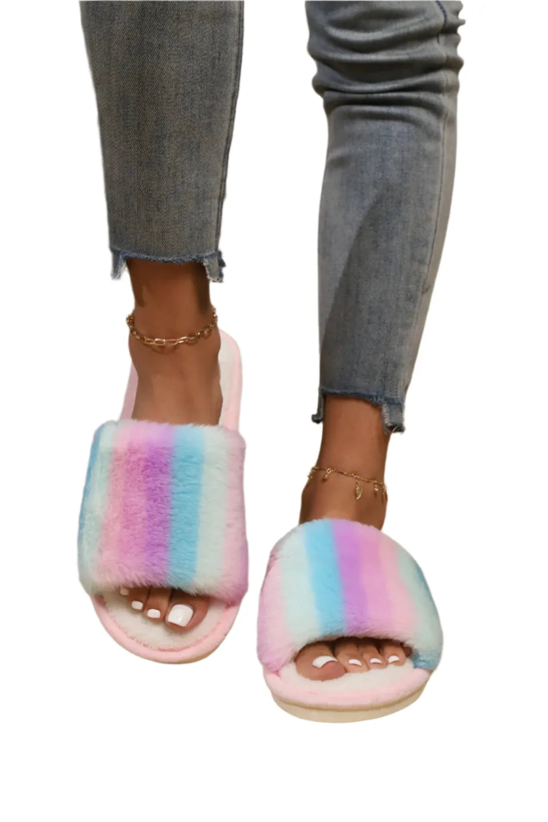 Rainbow Faux Fur Slides - Liss & Lex