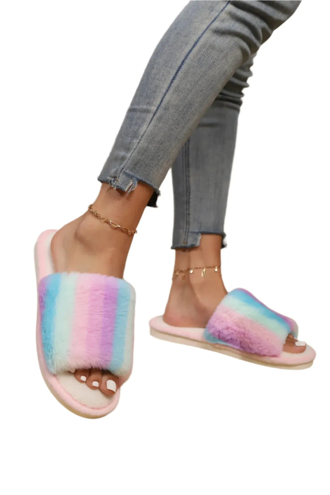 Rainbow Faux Fur Slides - Liss & Lex