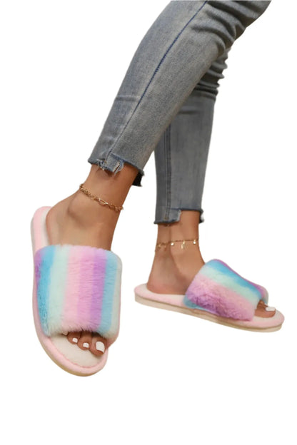 Rainbow Faux Fur Slides - Liss & Lex