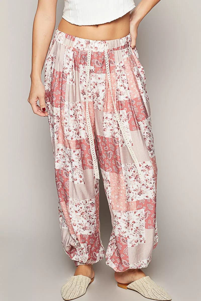 Drawstring Floral Patchwork Wide leg Pants - Liss & Lex