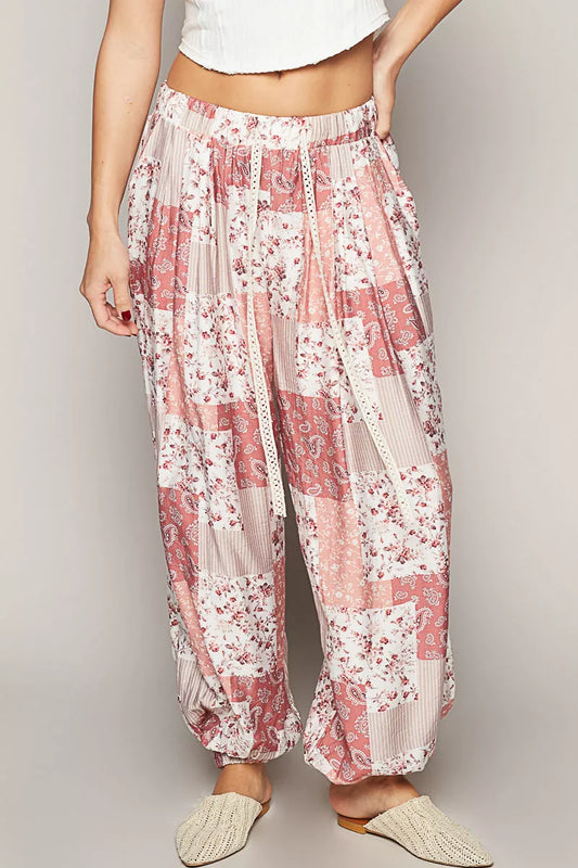 Drawstring Floral Patchwork Wide leg Pants - Liss & Lex