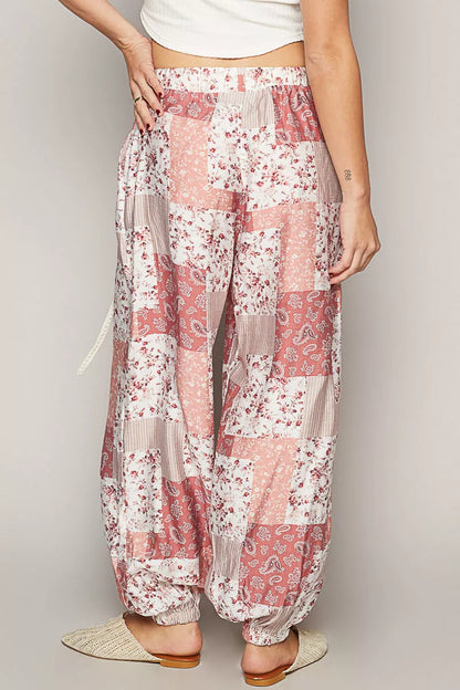 Drawstring Floral Patchwork Wide leg Pants - Liss & Lex
