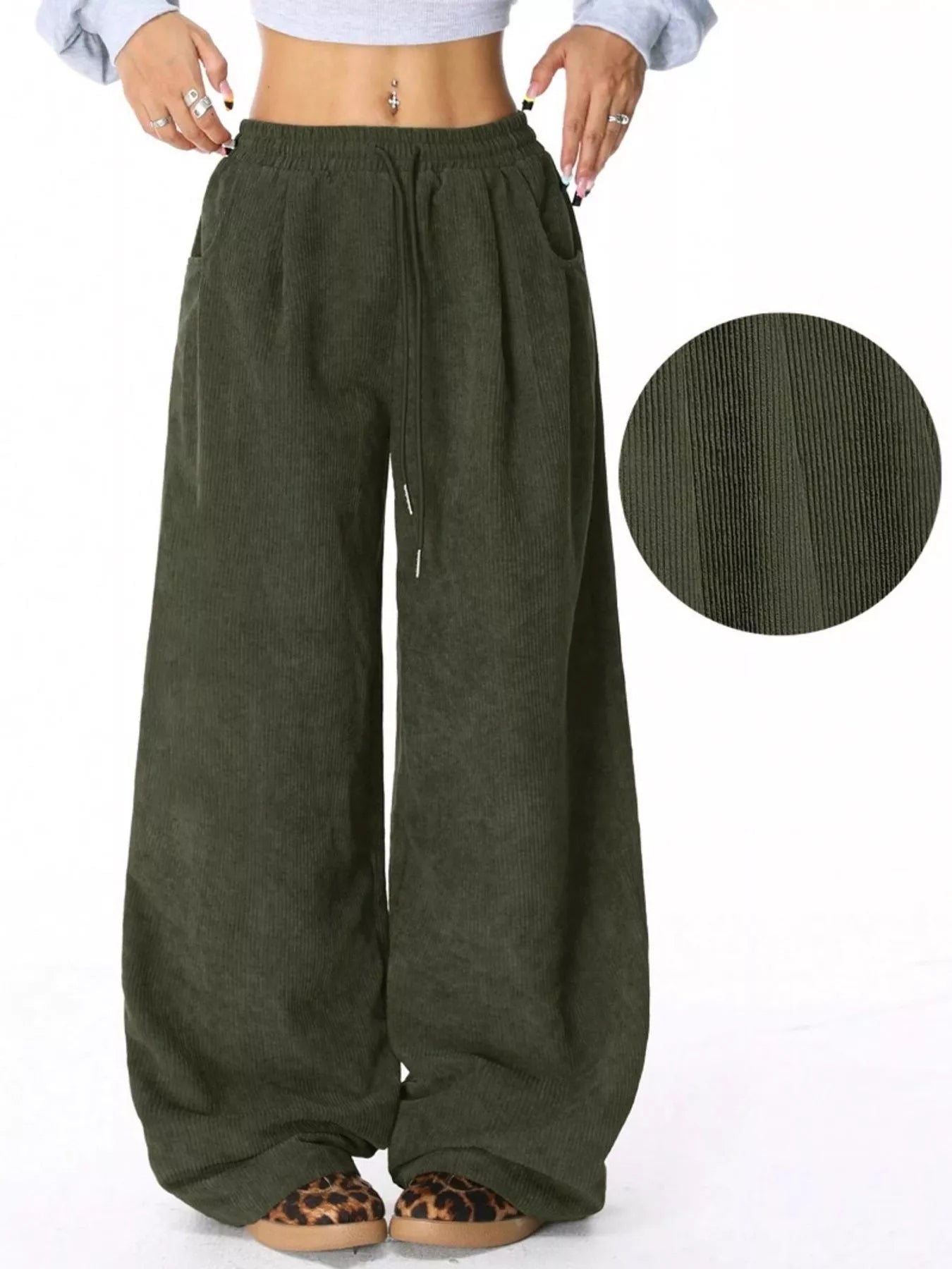 Wide Leg Corduroy Drawstring Pants - Liss & Lex