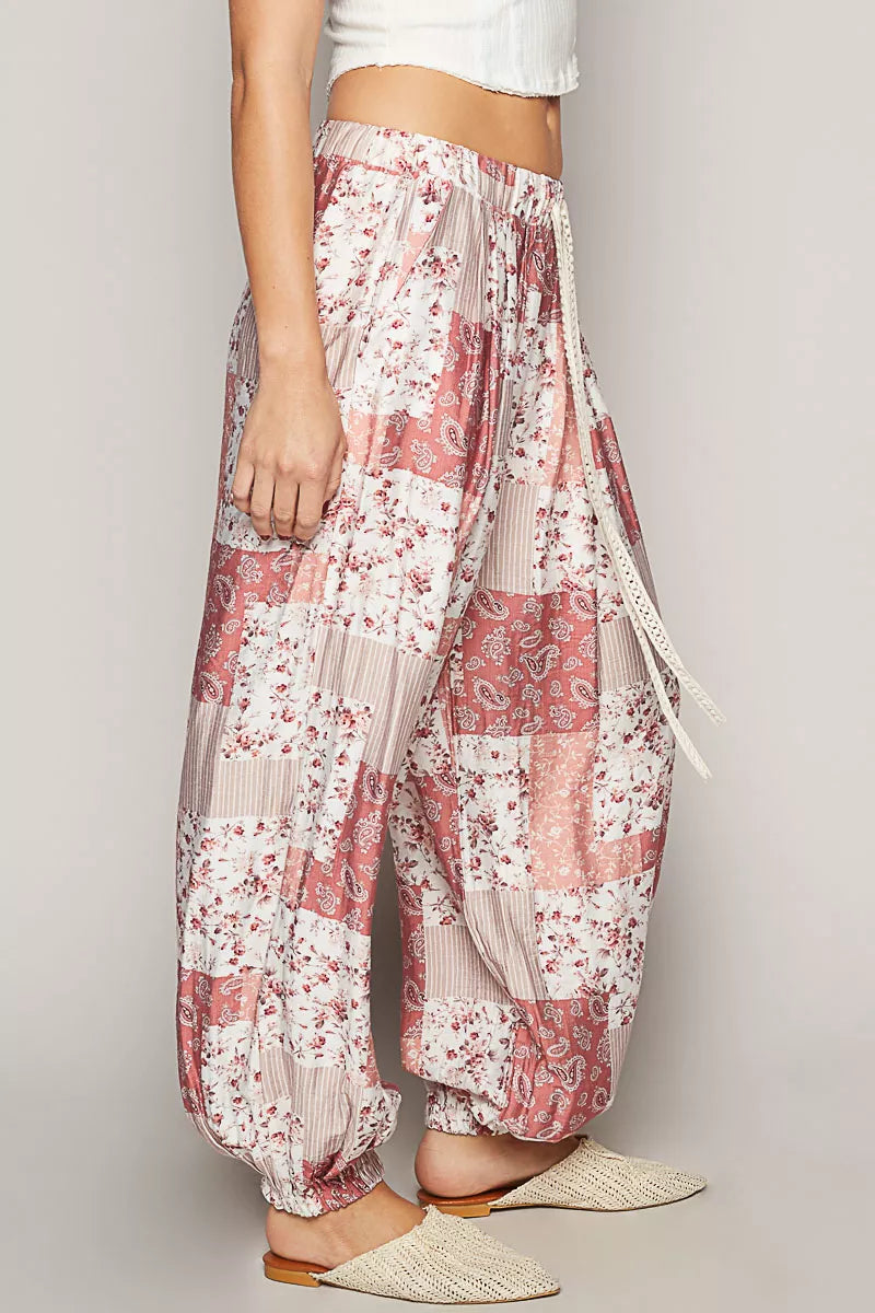 Drawstring Floral Patchwork Wide leg Pants - Liss & Lex