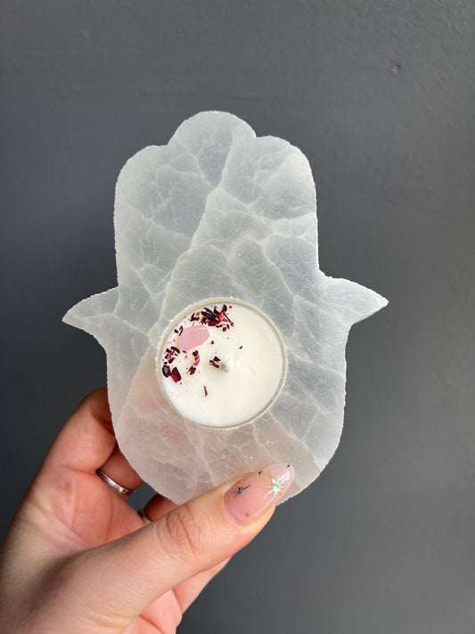 Selenite Hamsa Candle Holder – 5” x 3.5” with Tea Light - Liss & Lex